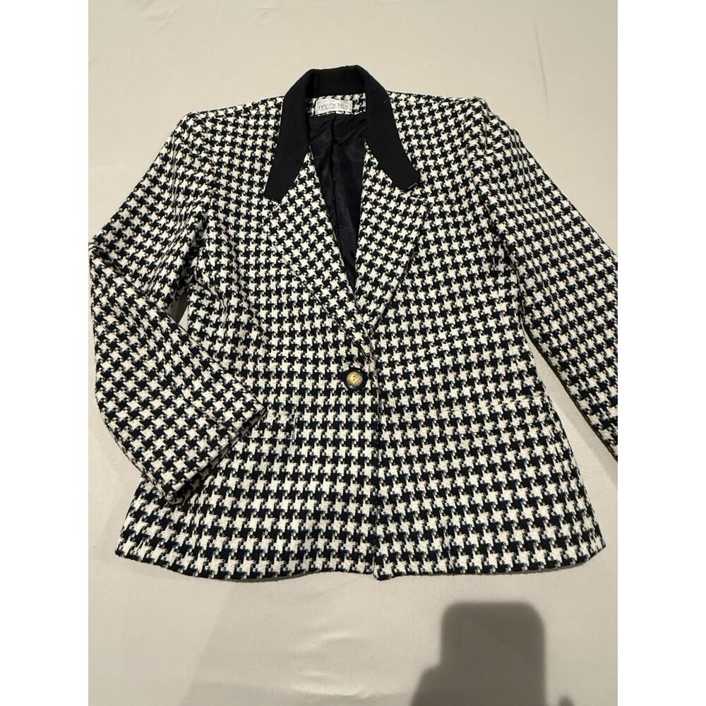 Dividends Vintage Houndstooth Blazer Women’s 16 Black White Wool Gold Button